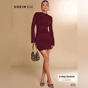 SHEIN BAE Women's Mock Neck Ruched Fitted Mini Flare Long Sleeve Dress